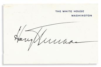 (PRESIDENTS.) Two items Signed: Harry S. Truman. White House card * Herbert Hoover. Hotel stationery.